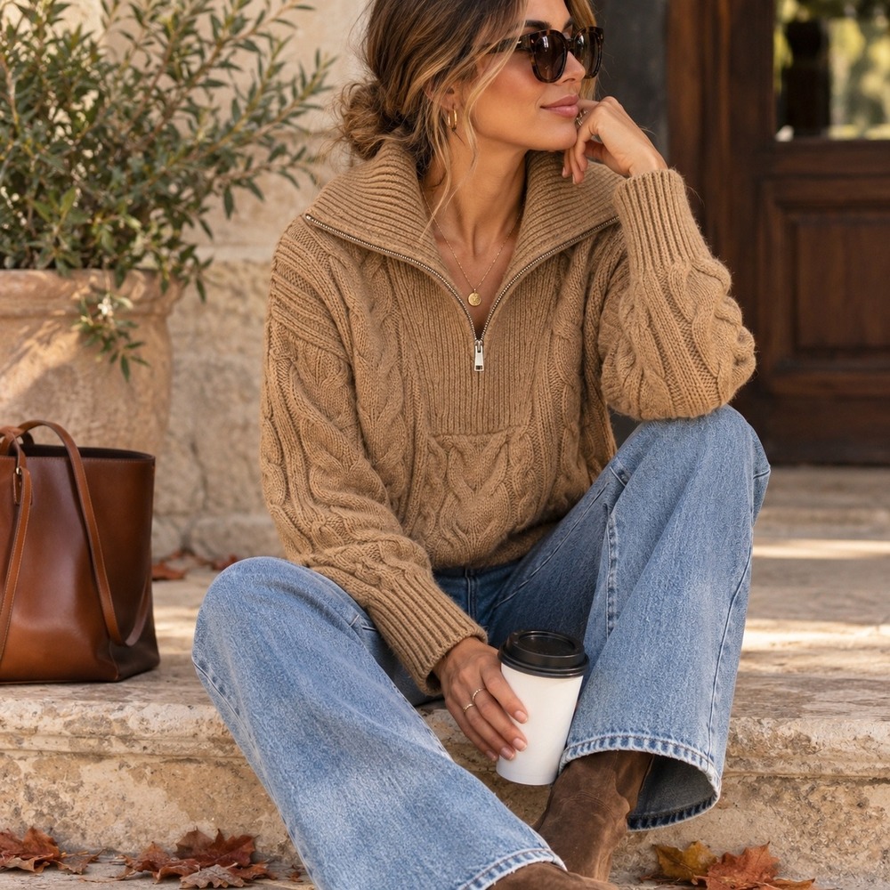 Banana Republic Cable Knit Wool Quarter Zip Sweater XS Camel Chunky Y2K